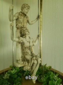 VERY RARE Vintage BIG 36x 14 Oil Rain Hanging Lamp Withboy & girl on swing