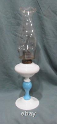 VICTORIAN ANTIQUE OPAQUE WHITE With BLUE STEM BLOWN STAND OIL LAMP