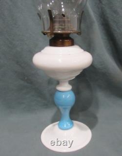 VICTORIAN ANTIQUE OPAQUE WHITE With BLUE STEM BLOWN STAND OIL LAMP