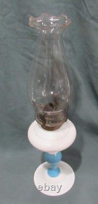 VICTORIAN ANTIQUE OPAQUE WHITE With BLUE STEM BLOWN STAND OIL LAMP