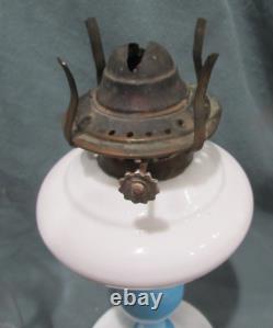 VICTORIAN ANTIQUE OPAQUE WHITE With BLUE STEM BLOWN STAND OIL LAMP