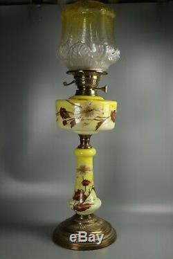 VICTORIAN Embossed Relief Yellow Glass Oil Lamp Shade + Base Column and Font