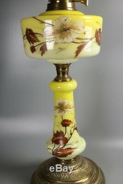 VICTORIAN Embossed Relief Yellow Glass Oil Lamp Shade + Base Column and Font