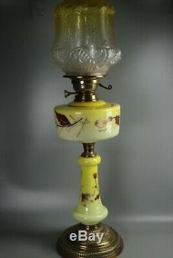 VICTORIAN Embossed Relief Yellow Glass Oil Lamp Shade + Base Column and Font