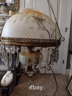 VICTORIAN OIL/electrified HANGING LAMP art glass shade + French style crystals