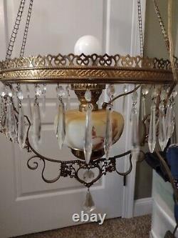 VICTORIAN OIL/electrified HANGING LAMP art glass shade + French style crystals