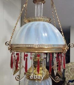 VICTORIAN ROYAL OIL HANGING LAMP WithFRENCH OPALESCENT GLASS SHADE &FONT ORNATE