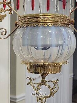VICTORIAN ROYAL OIL HANGING LAMP WithFRENCH OPALESCENT GLASS SHADE &FONT ORNATE