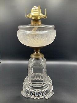 VINTAGE ANTIQUE 1800's ADAMS & COMPANY CLEAR GLASS SQUARE BASE KEROSENE OIL LAMP