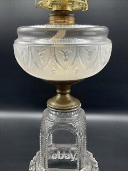 VINTAGE ANTIQUE 1800's ADAMS & COMPANY CLEAR GLASS SQUARE BASE KEROSENE OIL LAMP