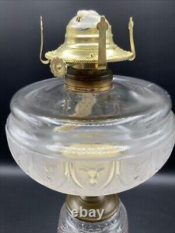 VINTAGE ANTIQUE 1800's ADAMS & COMPANY CLEAR GLASS SQUARE BASE KEROSENE OIL LAMP
