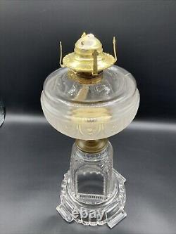 VINTAGE ANTIQUE 1800's ADAMS & COMPANY CLEAR GLASS SQUARE BASE KEROSENE OIL LAMP