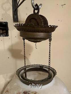 VINTAGE ANTIQUE BRADLEY AND HUBBARD B&H HANGING OIL LAMP With GLASS SHADE AND FONT