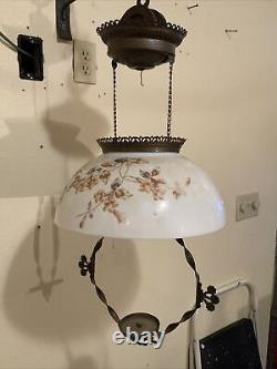 VINTAGE ANTIQUE BRADLEY AND HUBBARD B&H HANGING OIL LAMP With GLASS SHADE AND FONT