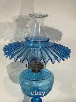 VINTAGE ANTIQUE EARLY GLASS PEDESTAL OIL LAMP Blue Beehive Bubble Petticoat
