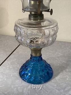 VINTAGE ANTIQUE EARLY GLASS PEDESTAL OIL LAMP Blue Clear Bubble Thumbprint