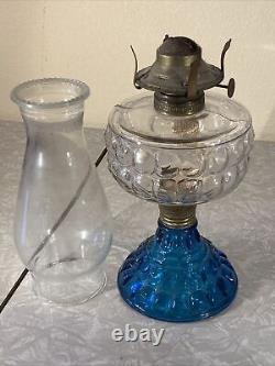 VINTAGE ANTIQUE EARLY GLASS PEDESTAL OIL LAMP Blue Clear Bubble Thumbprint