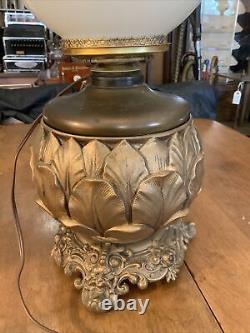 VINTAGE ANTIQUE OIL KEROSENE TABLE LAMP GWTW BANQUET GLASS BRASS Cast Iron Base