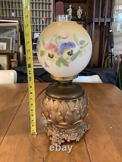 VINTAGE ANTIQUE OIL KEROSENE TABLE LAMP GWTW BANQUET GLASS BRASS Cast Iron Base