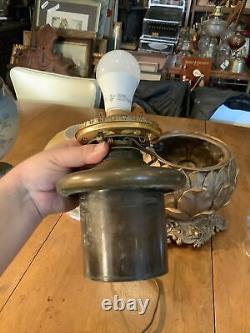 VINTAGE ANTIQUE OIL KEROSENE TABLE LAMP GWTW BANQUET GLASS BRASS Cast Iron Base