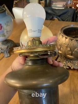 VINTAGE ANTIQUE OIL KEROSENE TABLE LAMP GWTW BANQUET GLASS BRASS Cast Iron Base