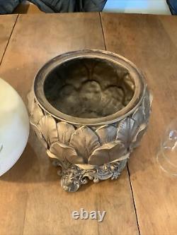 VINTAGE ANTIQUE OIL KEROSENE TABLE LAMP GWTW BANQUET GLASS BRASS Cast Iron Base