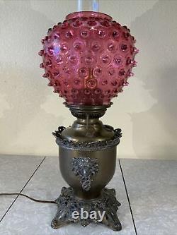 VINTAGE ANTIQUE OIL TABLE LAMP GWTW BANQUET PARLOR Brass Cranberry Hobnail GLASS