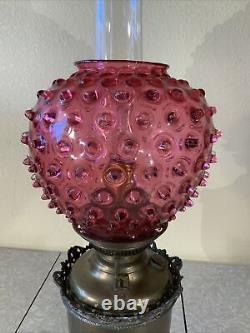 VINTAGE ANTIQUE OIL TABLE LAMP GWTW BANQUET PARLOR Brass Cranberry Hobnail GLASS