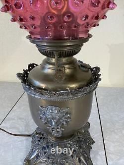 VINTAGE ANTIQUE OIL TABLE LAMP GWTW BANQUET PARLOR Brass Cranberry Hobnail GLASS