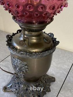 VINTAGE ANTIQUE OIL TABLE LAMP GWTW BANQUET PARLOR Brass Cranberry Hobnail GLASS