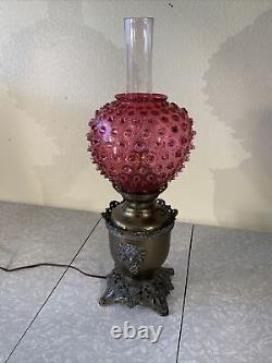 VINTAGE ANTIQUE OIL TABLE LAMP GWTW BANQUET PARLOR Brass Cranberry Hobnail GLASS