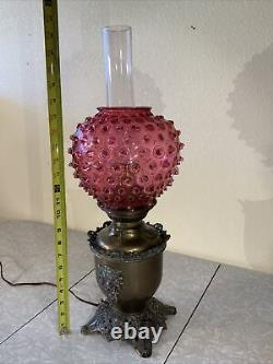 VINTAGE ANTIQUE OIL TABLE LAMP GWTW BANQUET PARLOR Brass Cranberry Hobnail GLASS