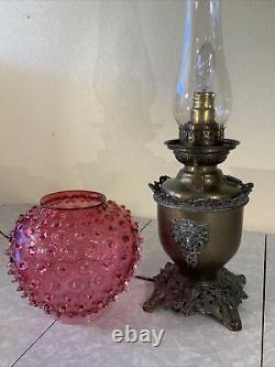 VINTAGE ANTIQUE OIL TABLE LAMP GWTW BANQUET PARLOR Brass Cranberry Hobnail GLASS