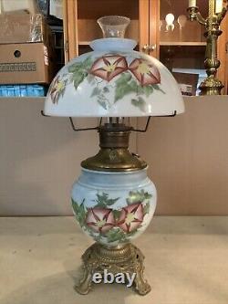 VINTAGE Antique 22 Oil TABLE LAMP GWTW BANQUET Parlor GLASS SHADE Hand Painted