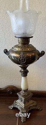 VINTAGE Antique Oil TABLE LAMP GWTW BANQUET Parlor GLASS W SHADE Brass Claw Feet