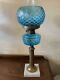 VINTAGE Antique Oil TABLE LAMP GWTW BANQUET Parlor GLASS With SHADE Blue Coin Dot