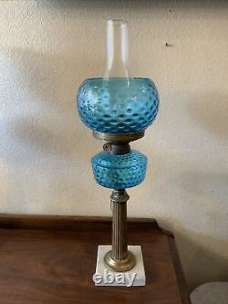 VINTAGE Antique Oil TABLE LAMP GWTW BANQUET Parlor GLASS With SHADE Blue Coin Dot