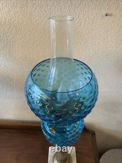 VINTAGE Antique Oil TABLE LAMP GWTW BANQUET Parlor GLASS With SHADE Blue Coin Dot