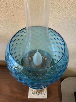 VINTAGE Antique Oil TABLE LAMP GWTW BANQUET Parlor GLASS With SHADE Blue Coin Dot