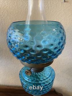 VINTAGE Antique Oil TABLE LAMP GWTW BANQUET Parlor GLASS With SHADE Blue Coin Dot