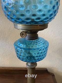 VINTAGE Antique Oil TABLE LAMP GWTW BANQUET Parlor GLASS With SHADE Blue Coin Dot