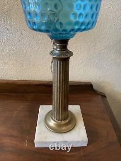 VINTAGE Antique Oil TABLE LAMP GWTW BANQUET Parlor GLASS With SHADE Blue Coin Dot