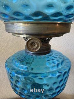 VINTAGE Antique Oil TABLE LAMP GWTW BANQUET Parlor GLASS With SHADE Blue Coin Dot