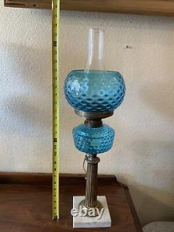 VINTAGE Antique Oil TABLE LAMP GWTW BANQUET Parlor GLASS With SHADE Blue Coin Dot