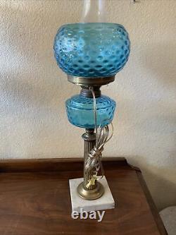 VINTAGE Antique Oil TABLE LAMP GWTW BANQUET Parlor GLASS With SHADE Blue Coin Dot