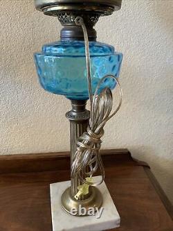 VINTAGE Antique Oil TABLE LAMP GWTW BANQUET Parlor GLASS With SHADE Blue Coin Dot