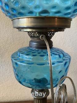 VINTAGE Antique Oil TABLE LAMP GWTW BANQUET Parlor GLASS With SHADE Blue Coin Dot