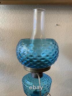 VINTAGE Antique Oil TABLE LAMP GWTW BANQUET Parlor GLASS With SHADE Blue Coin Dot