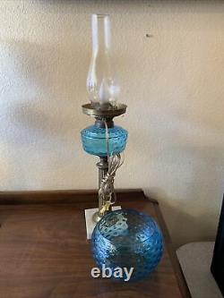 VINTAGE Antique Oil TABLE LAMP GWTW BANQUET Parlor GLASS With SHADE Blue Coin Dot