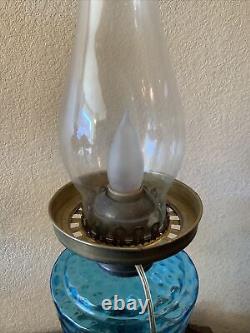 VINTAGE Antique Oil TABLE LAMP GWTW BANQUET Parlor GLASS With SHADE Blue Coin Dot